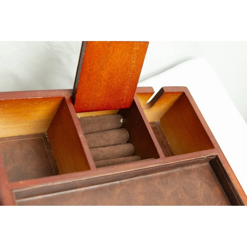 Vintage Wood Valet Box Jewelry Organizer Charging Station Brown Faux Leather